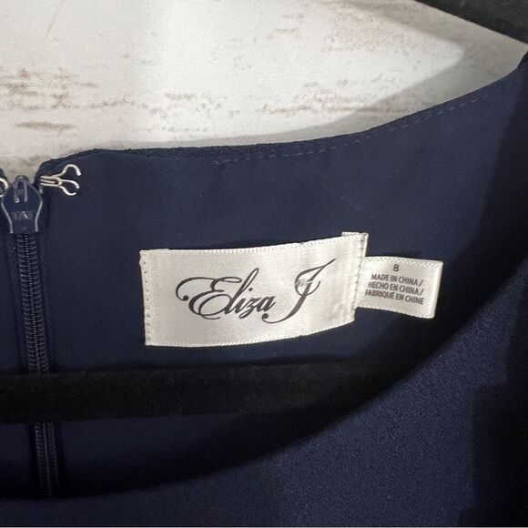 Eliza J Navy Blue Ruffle Puff Shoulder Formal Shift Dress - Picture 4 of 4